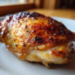 Close-up of a perfectly cooked chicken thigh with crispy, browned skin seasoned for Lemon Garlic Roasted Chicken Thighs.