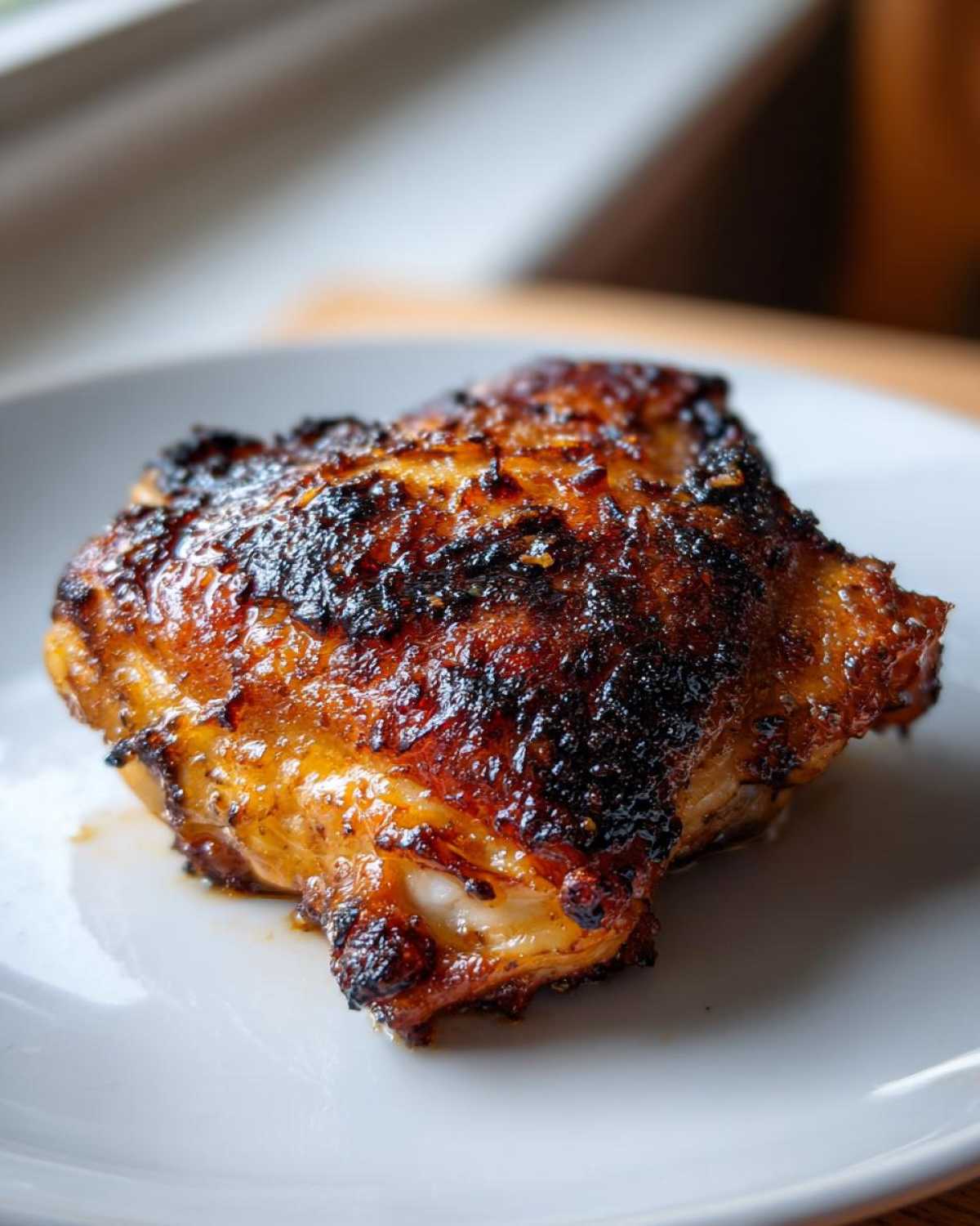 Close-up of a single, perfectly roasted Lemon Garlic Chicken Thigh with dark, caramelized, and crispy skin.