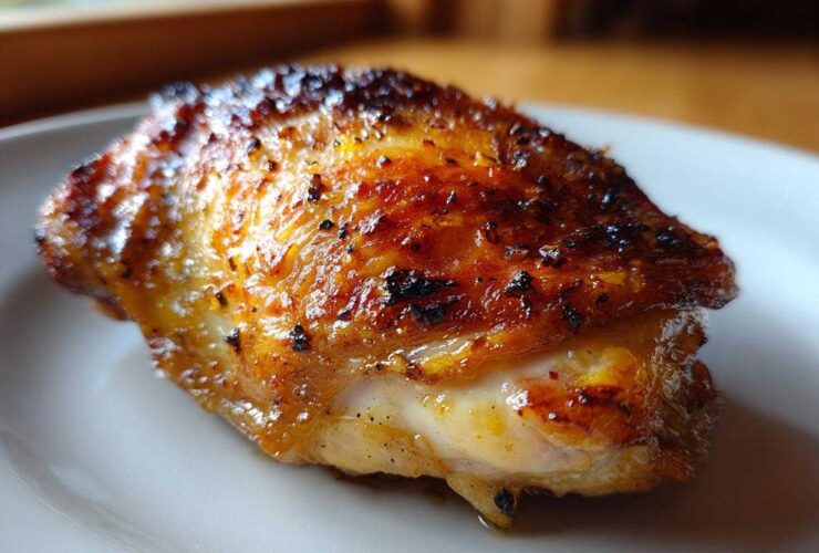 Close-up of a perfectly cooked chicken thigh with crispy, browned skin seasoned for Lemon Garlic Roasted Chicken Thighs.
