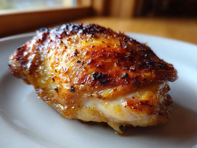 Close-up of a perfectly cooked chicken thigh with crispy, browned skin seasoned for Lemon Garlic Roasted Chicken Thighs.