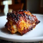 Close-up of a perfectly cooked Lemon Garlic Roasted Chicken Thighs with deeply caramelized, crispy skin.