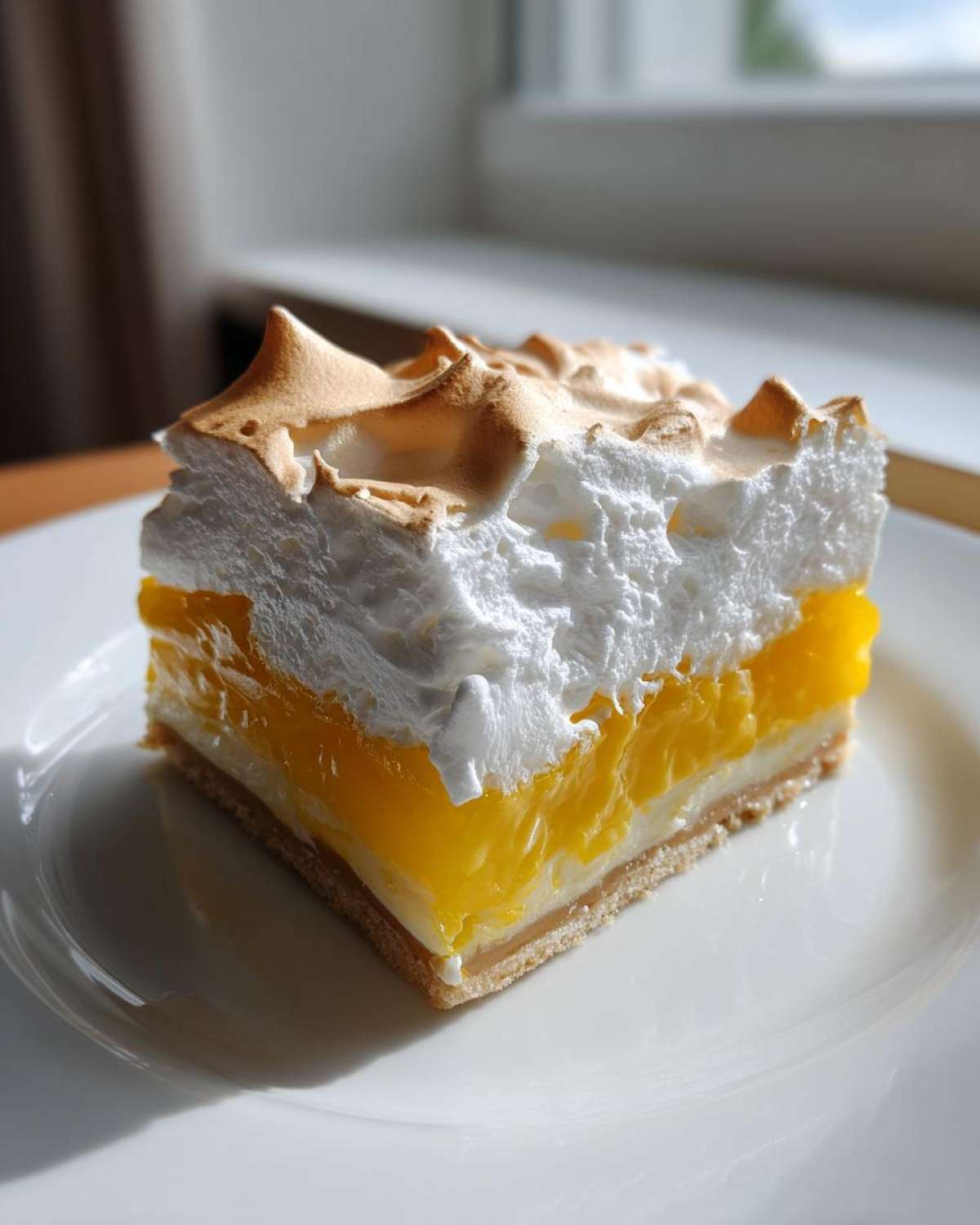 A square slice of Lemon Meringue Pie Bars featuring a crust, bright yellow lemon filling, and tall, toasted meringue topping.