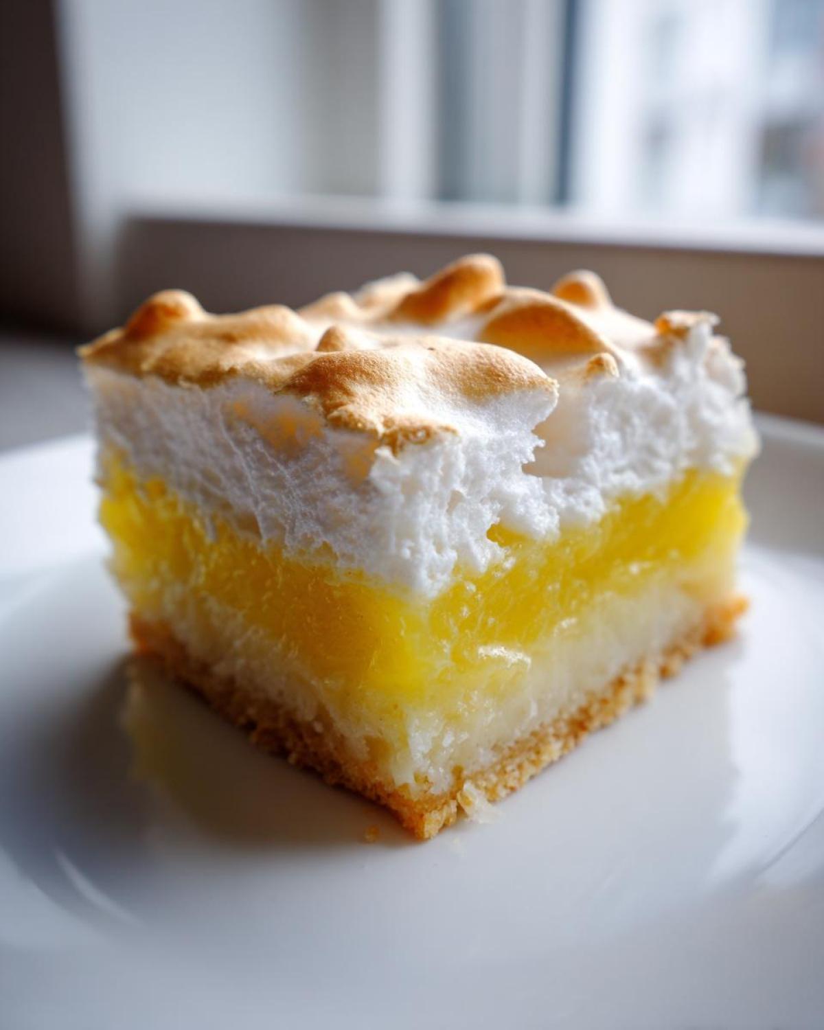 A single square serving of Lemon Meringue Pie Bars with a thick, toasted meringue topping.