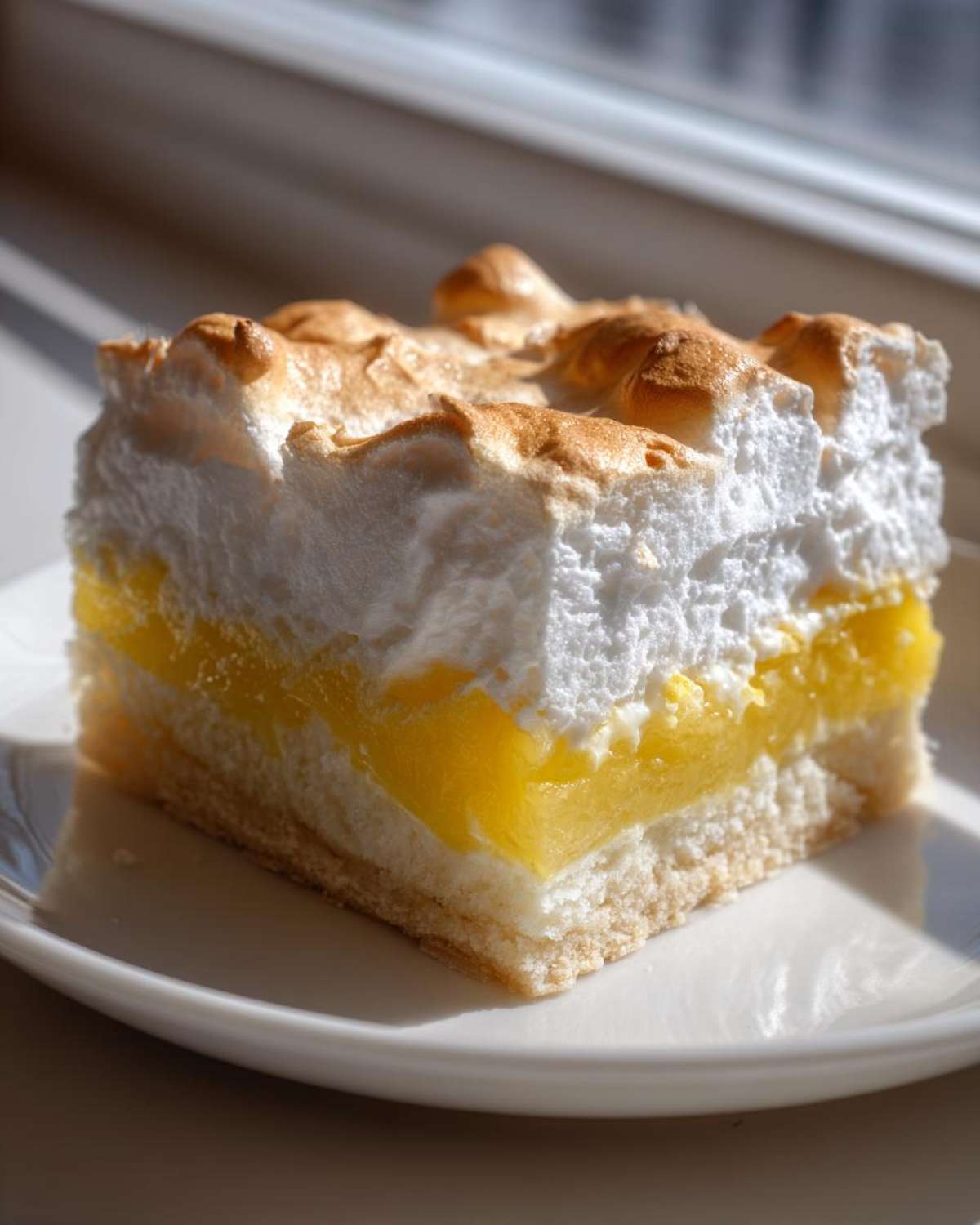 A close-up of a square slice of Lemon Meringue Pie Bars showing crust, bright yellow filling, and toasted meringue.