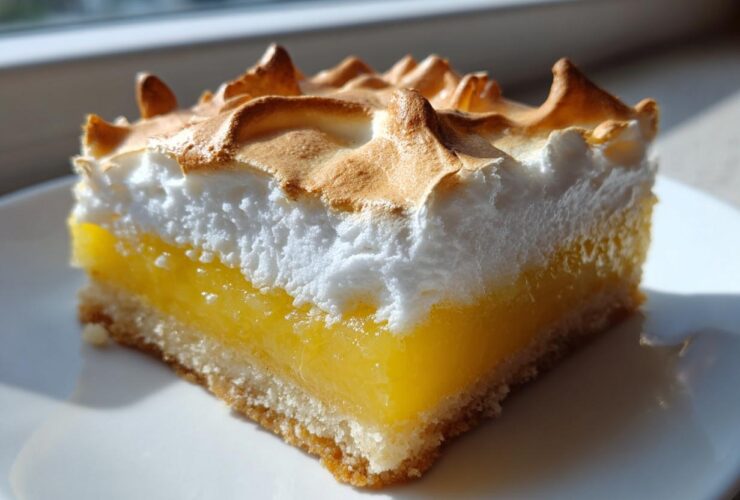 Close-up of a single serving of Lemon Meringue Pie Bars with a thick lemon layer and toasted meringue topping.