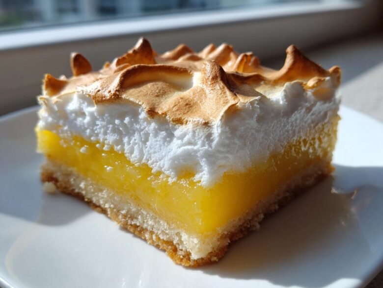 Close-up of a single serving of Lemon Meringue Pie Bars with a thick lemon layer and toasted meringue topping.