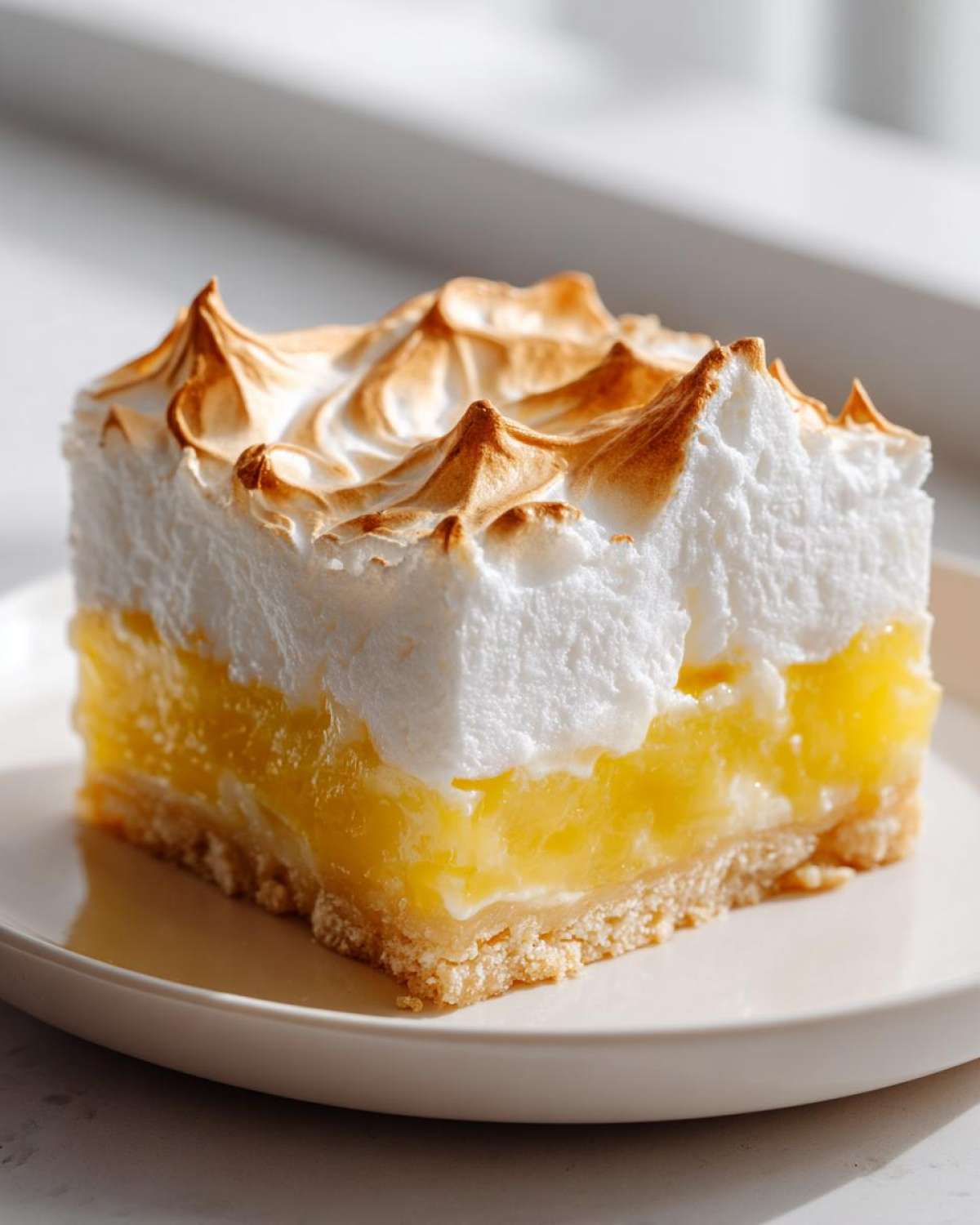 A close-up of a thick, layered Lemon Meringue Pie Bars slice with a toasted meringue top.
