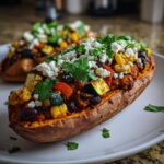 Close-up of a Loaded Veggie Stuffed Sweet Potato topped with black beans, corn, zucchini, and crumbled feta cheese.