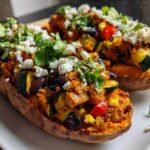 Two Loaded Veggie Stuffed Sweet Potatoes filled with corn, zucchini, beans, topped with crumbled feta and fresh cilantro.