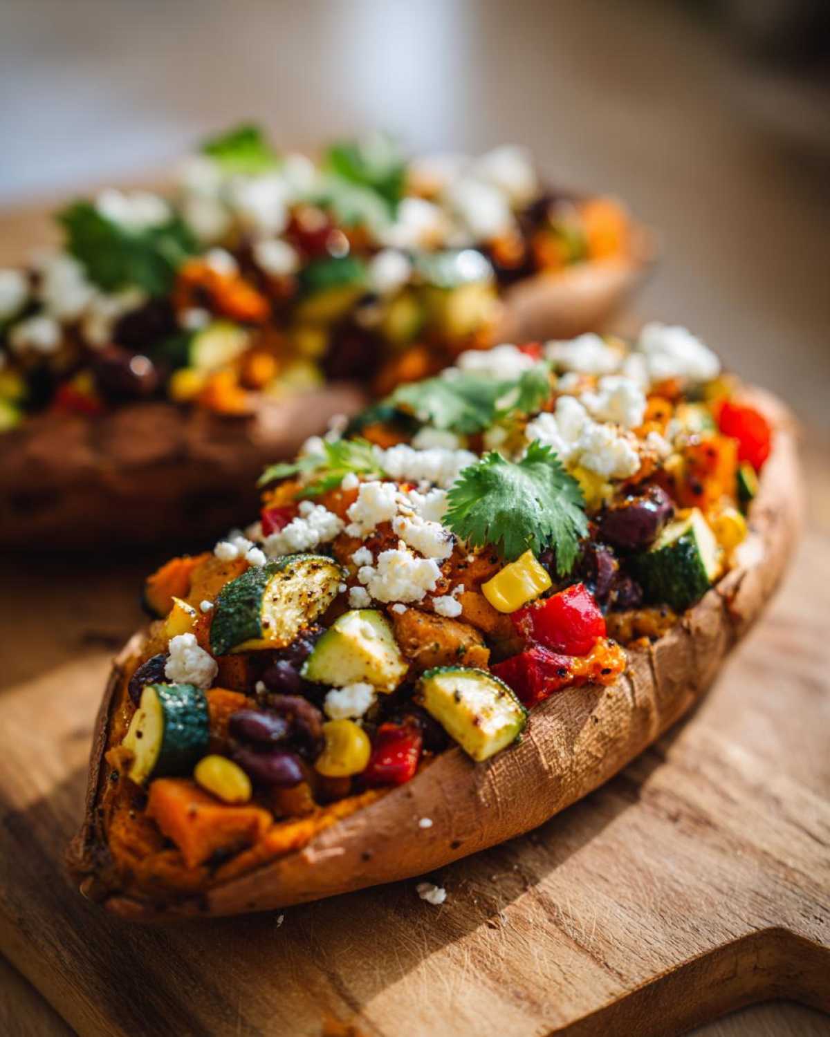 A close-up of one of the Loaded Veggie Stuffed Sweet Potatoes, topped with zucchini, beans, corn, and crumbled feta cheese.