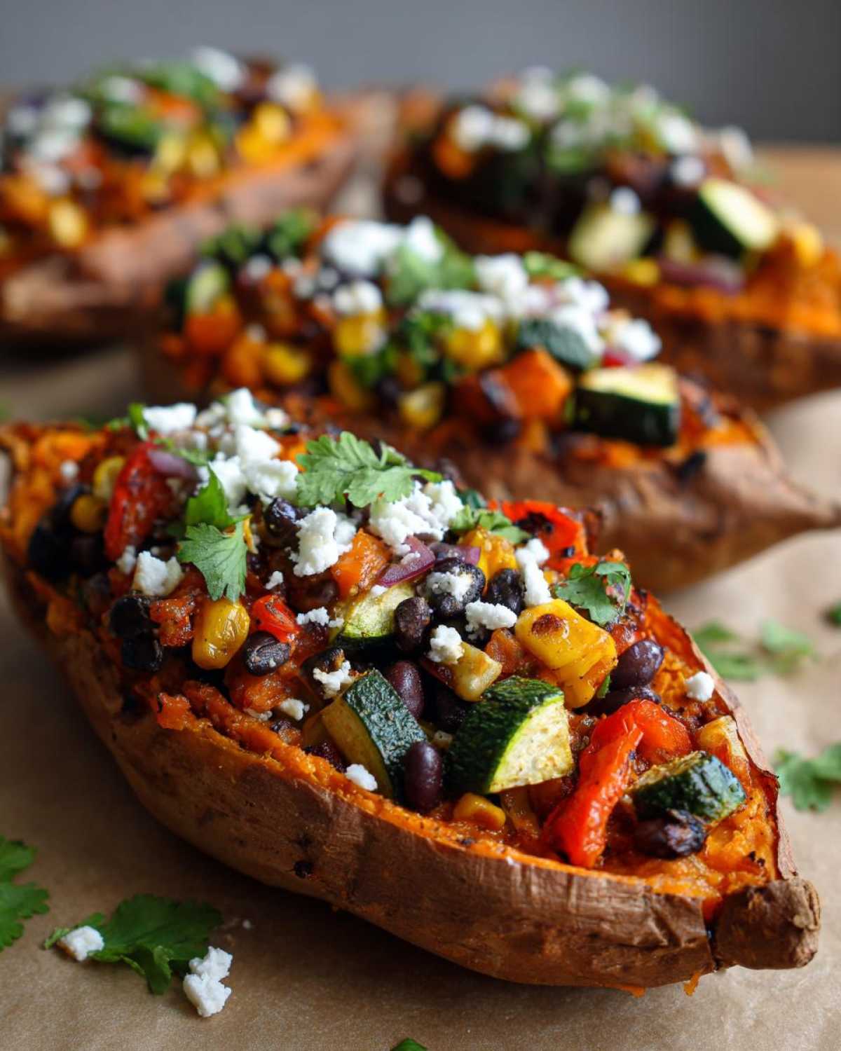 A close-up of a baked sweet potato overflowing with a colorful mix of black beans, corn, zucchini, peppers, and topped with feta cheese in Loaded Veggie Stuffed Sweet Potatoes.
