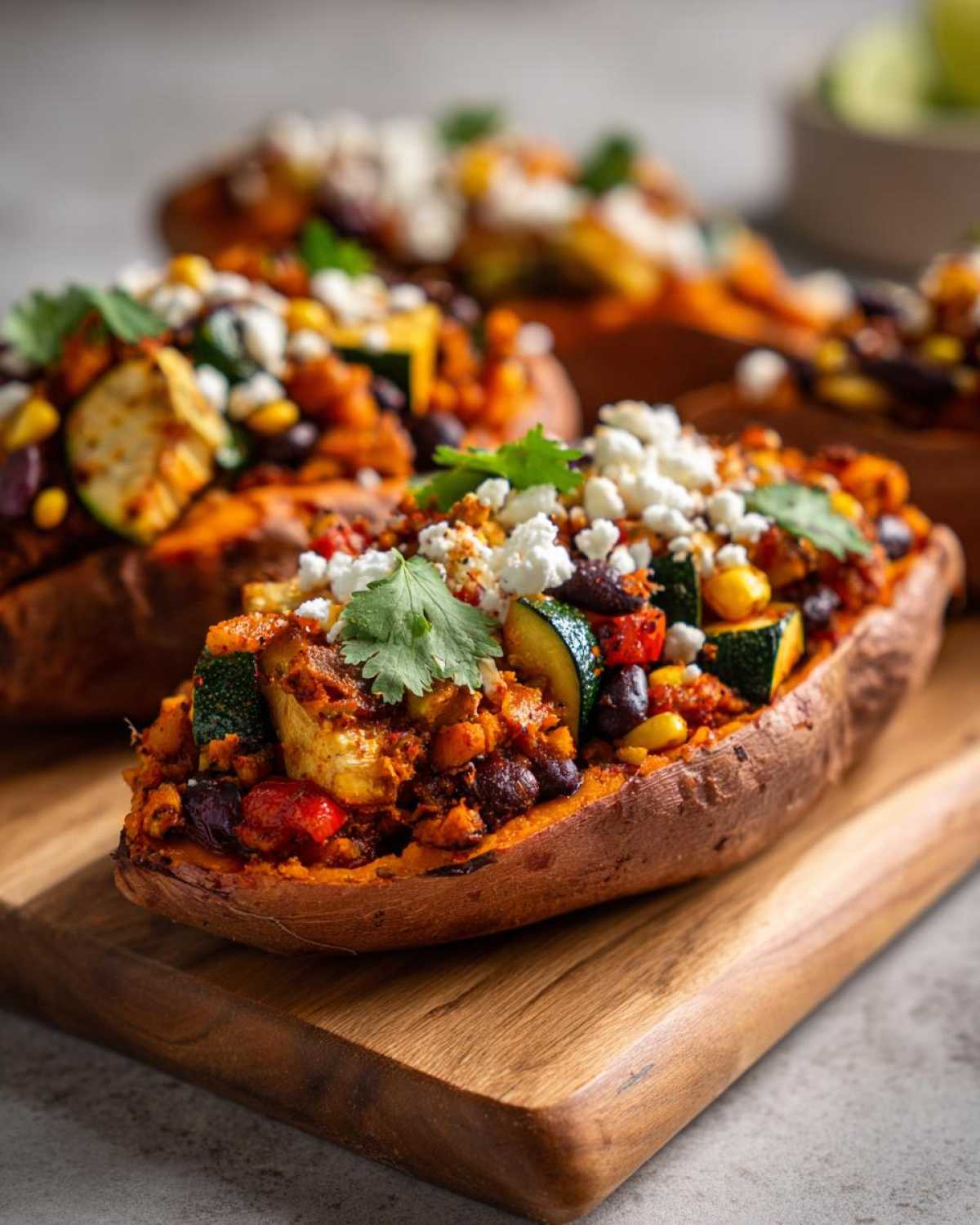 Close-up of a Loaded Veggie Stuffed Sweet Potato topped with zucchini, beans, corn, and crumbled feta cheese.