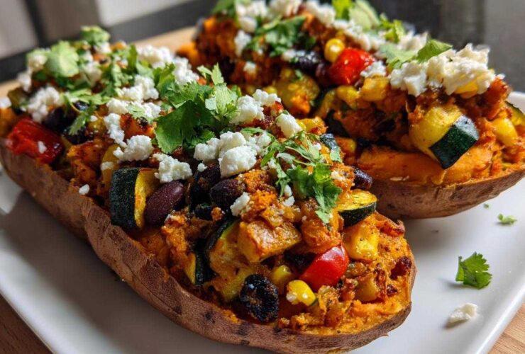Two Loaded Veggie Stuffed Sweet Potatoes filled with corn, zucchini, beans, topped with crumbled feta and fresh cilantro.