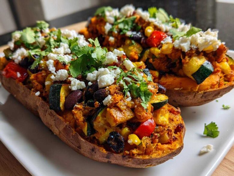 Two Loaded Veggie Stuffed Sweet Potatoes filled with corn, zucchini, beans, topped with crumbled feta and fresh cilantro.