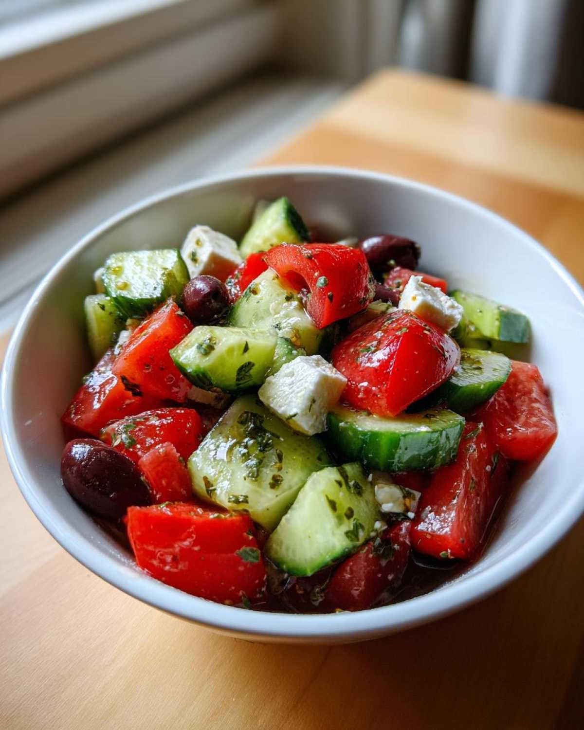 Close-up of a fresh Mediterranean Cucumber Tomato Salad with feta cheese and olives, glistening with dressing.
