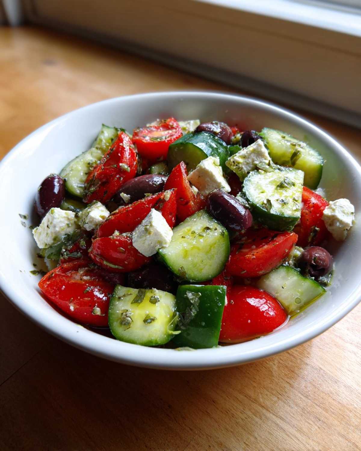 Close-up of a vibrant Mediterranean Cucumber Tomato Salad with feta cheese and olives in a white bowl.