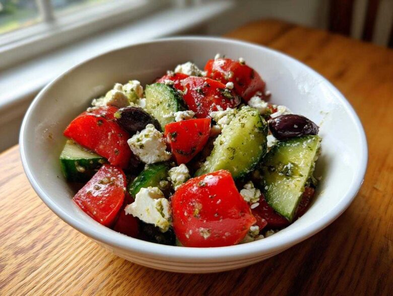 Close-up of a vibrant Mediterranean Cucumber Tomato Salad with feta cheese and olives, glistening with dressing.