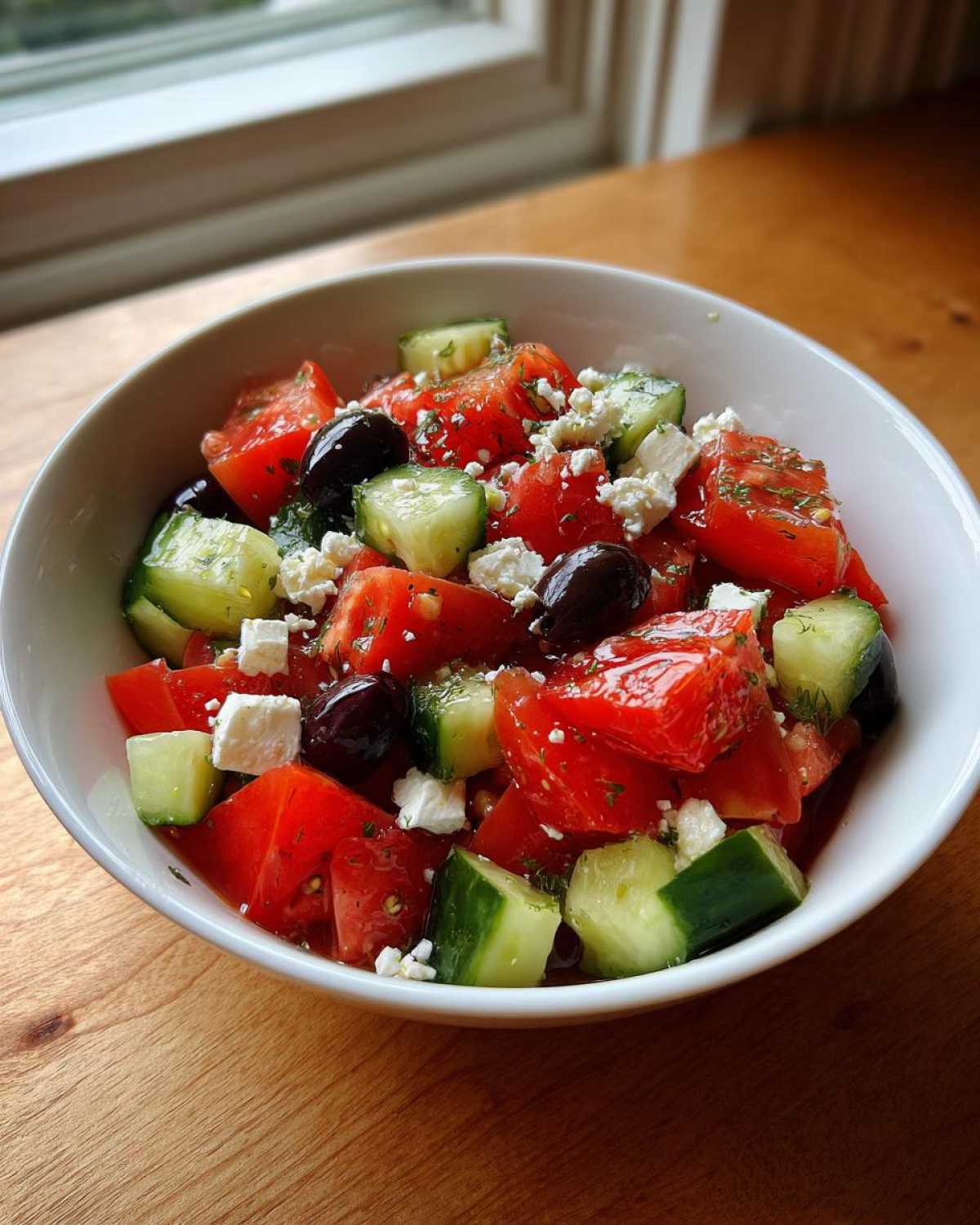 Close-up of a vibrant Mediterranean Cucumber Tomato Salad with feta cheese and Kalamata olives in a white bowl.