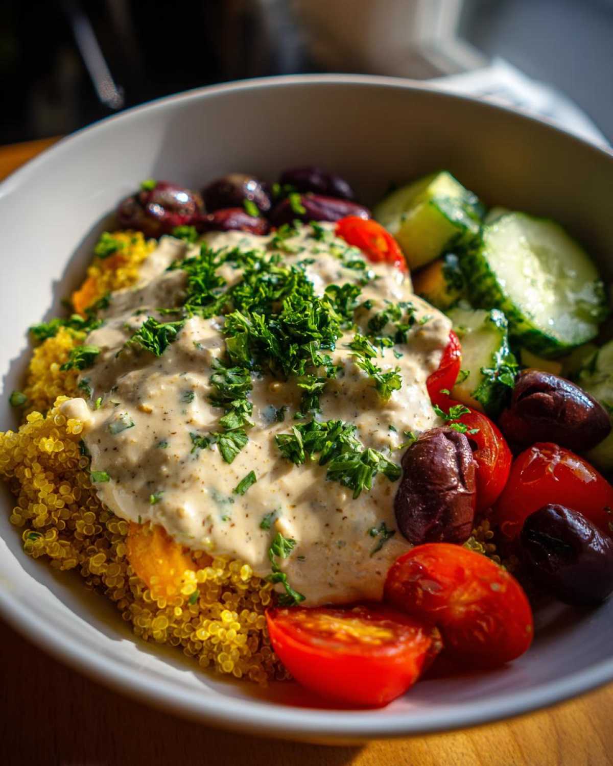 Close-up of a Mediterranean Quinoa Bowl featuring yellow quinoa topped with creamy lemon tahini sauce and fresh parsley.