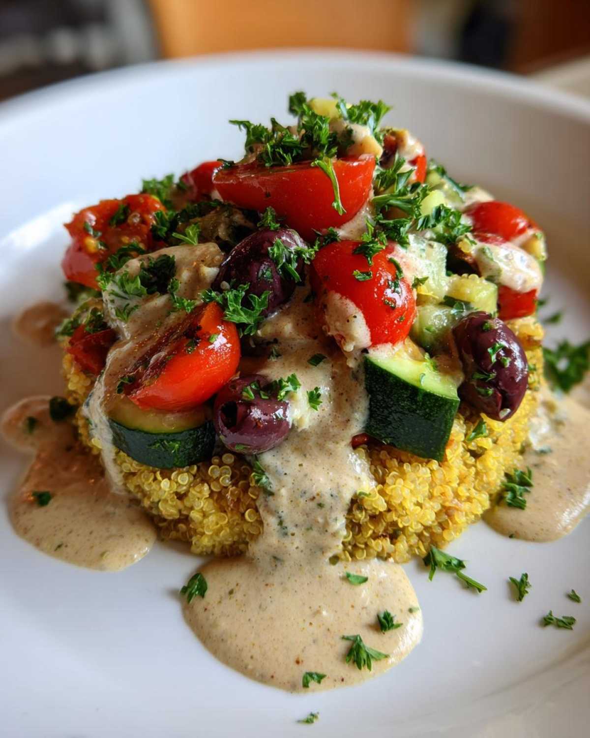 Close-up of a Mediterranean Quinoa Bowl topped with tomatoes, olives, zucchini, and drizzled generously with Lemon Tahini Sauce.