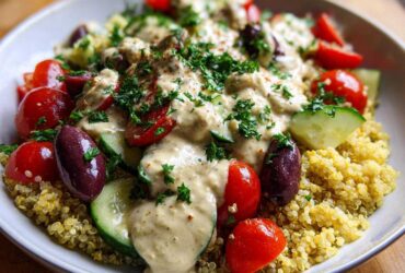 Close-up of a Mediterranean Quinoa Bowl topped with creamy lemon tahini sauce, tomatoes, cucumbers, and Kalamata olives.