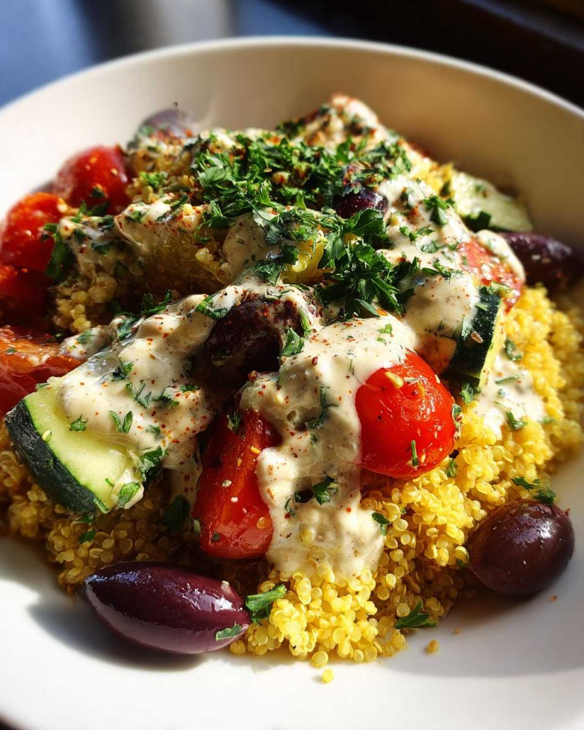 Close-up of a Mediterranean Quinoa Bowl topped with roasted tomatoes, zucchini, olives, and generous Lemon Tahini Sauce.