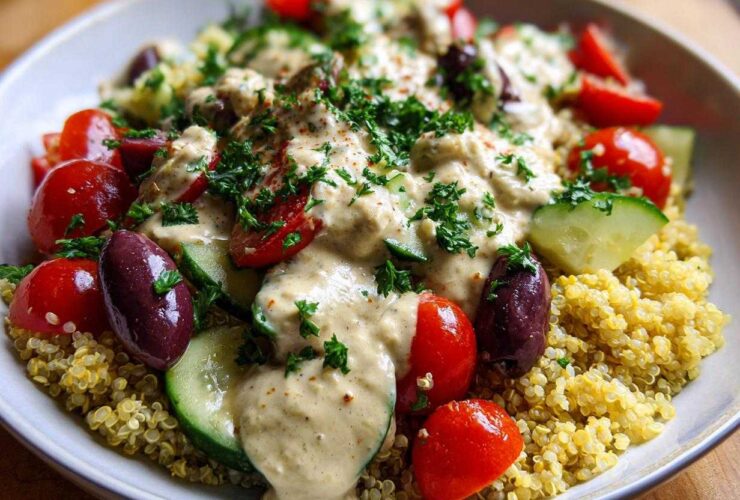 Close-up of a Mediterranean Quinoa Bowl topped with creamy lemon tahini sauce, tomatoes, cucumbers, and Kalamata olives.