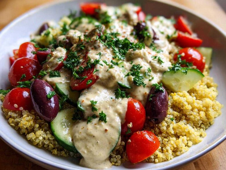 Close-up of a Mediterranean Quinoa Bowl topped with creamy lemon tahini sauce, tomatoes, cucumbers, and Kalamata olives.