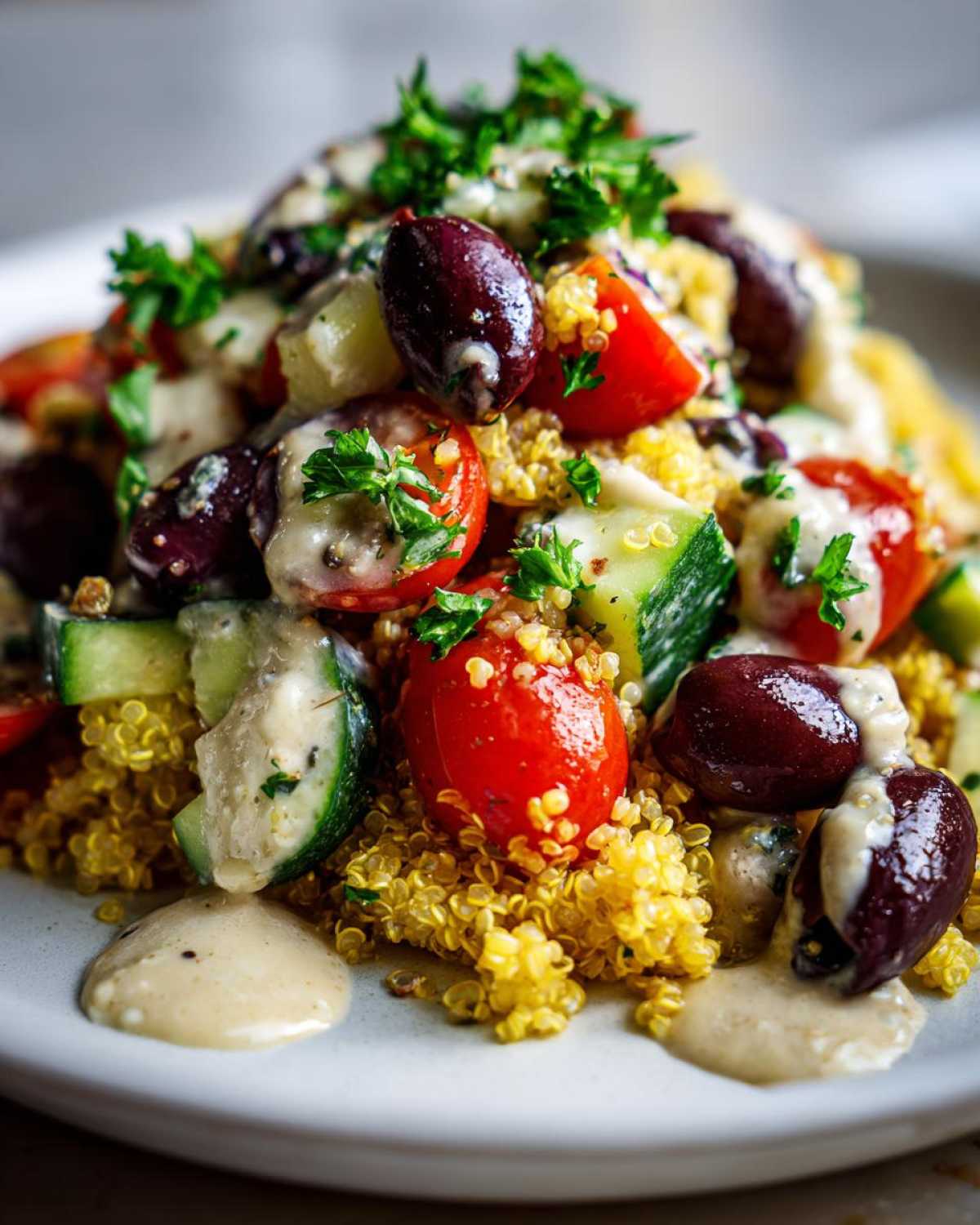 Close-up of a vibrant Mediterranean Quinoa Bowl featuring yellow quinoa, cherry tomatoes, cucumbers, olives, and drizzled with lemon tahini sauce.