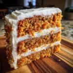 Close-up of a tall slice of Moist Carrot Cake with Cream Cheese Frosting showing three layers of cake.