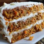 Close-up of a thick slice of Moist Carrot Cake with Cream Cheese Frosting showing two layers of cake and frosting.