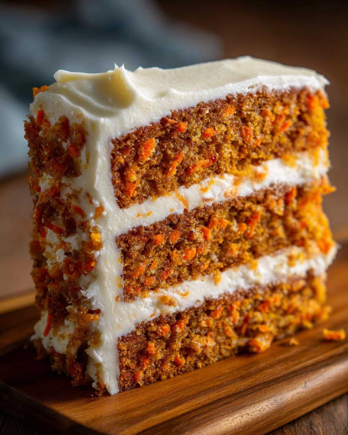 Close-up of a tall, three-layer slice of Moist Carrot Cake with Cream Cheese Frosting on a wooden board.