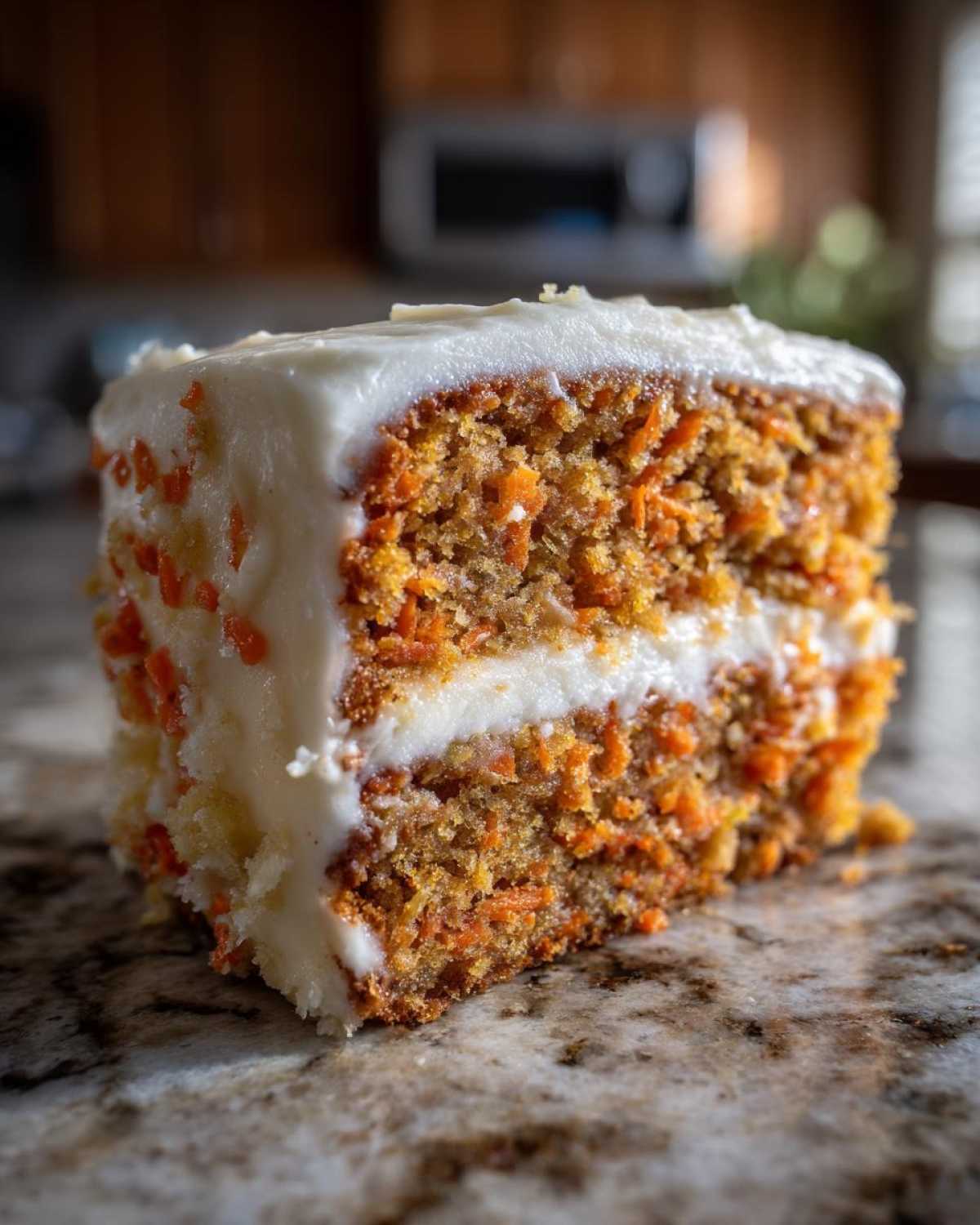 Close-up of a thick slice of Moist Carrot Cake with Cream Cheese Frosting showing visible shreds of carrot.
