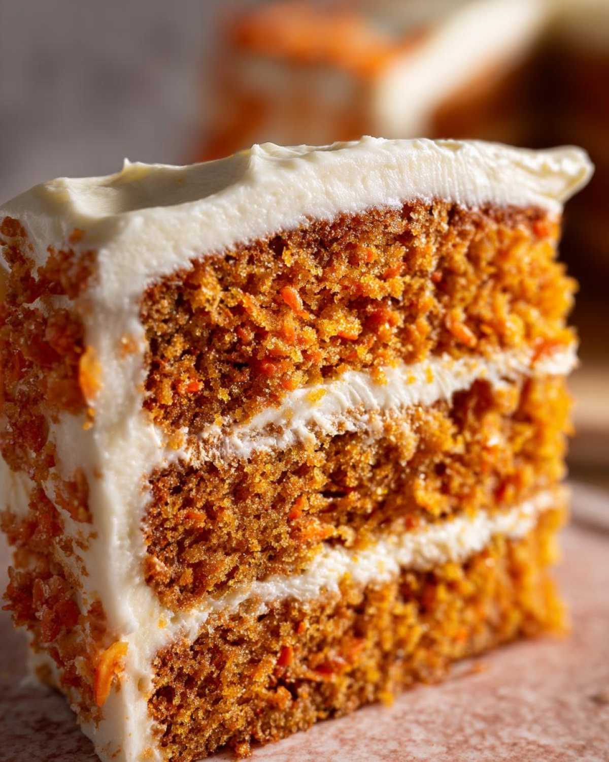 Close-up of a thick slice of Moist Carrot Cake with Cream Cheese Frosting, showing three layers.