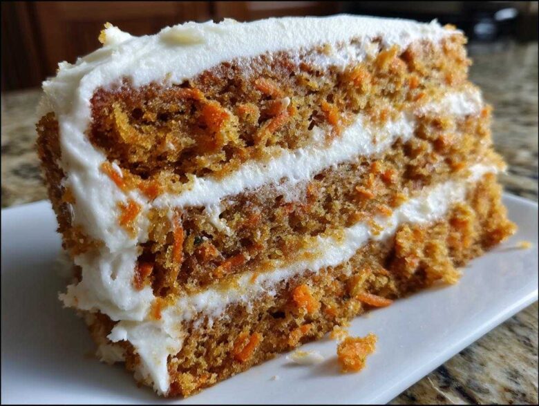 Close-up of a thick slice of Moist Carrot Cake with Cream Cheese Frosting showing two layers of cake and frosting.