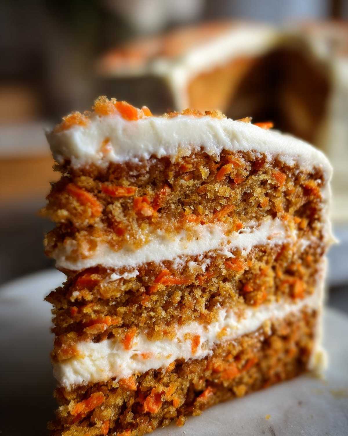Close-up of a tall slice of Moist Carrot Cake with Cream Cheese Frosting showing three layers of cake and frosting.