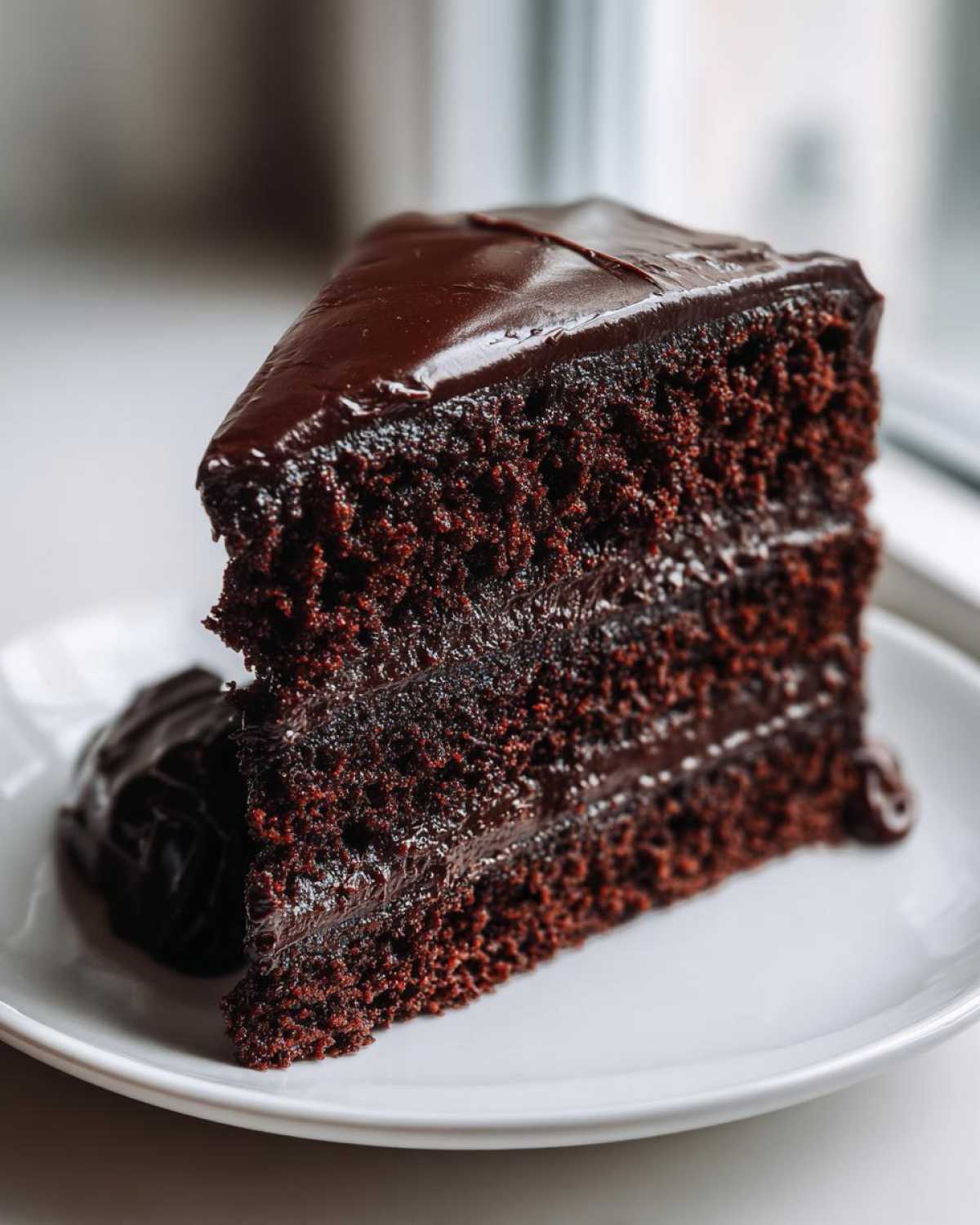 Close-up of a rich, moist slice of Gluten-Free Chocolate Cake layered with dark chocolate frosting.