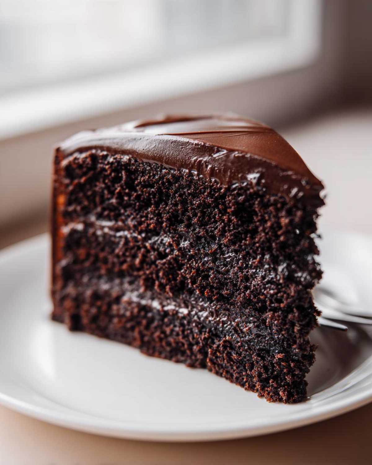 Close-up of a rich, dark slice of Gluten-Free Chocolate Cake covered in glossy chocolate frosting.
