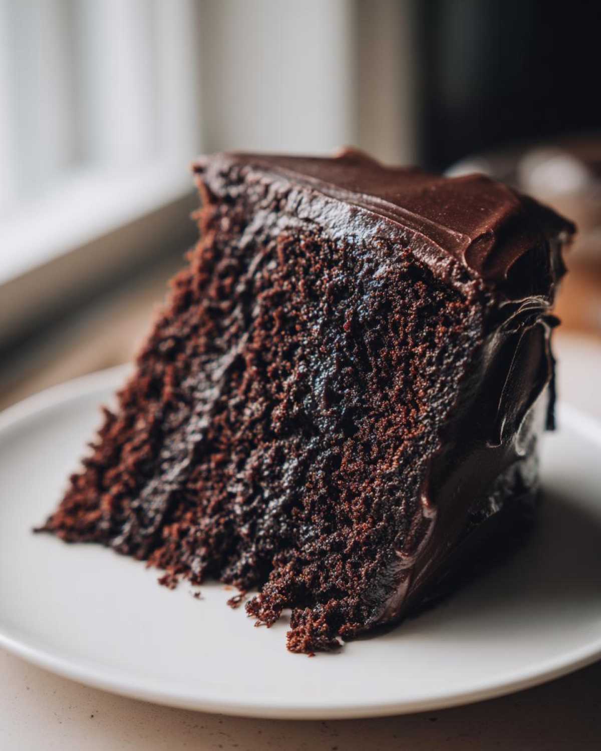 Close-up of a rich, dark slice of moist Gluten-Free Chocolate Cake covered in glossy chocolate frosting.