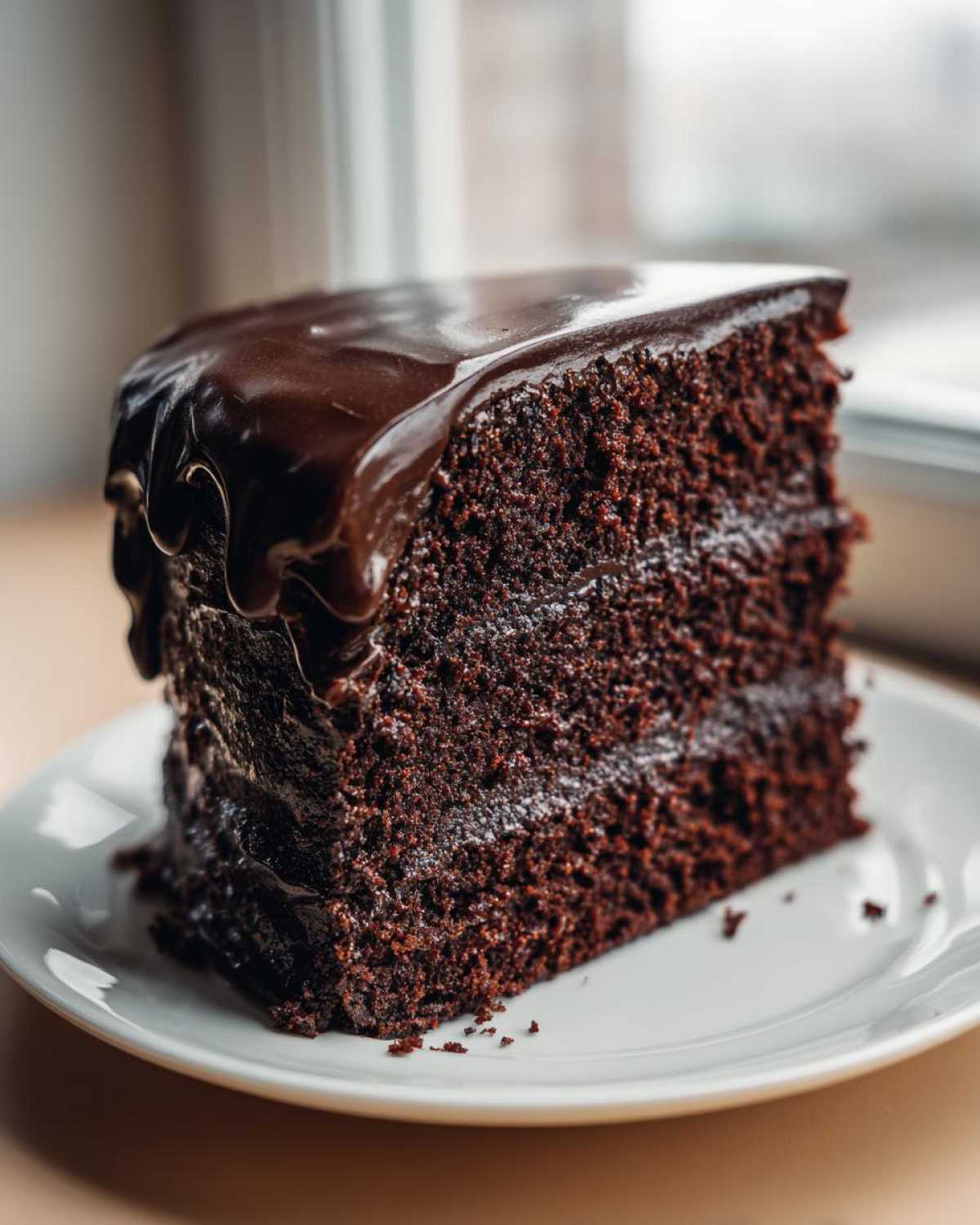A rich, dark slice of moist Gluten-Free Chocolate Cake topped with dripping chocolate ganache.
