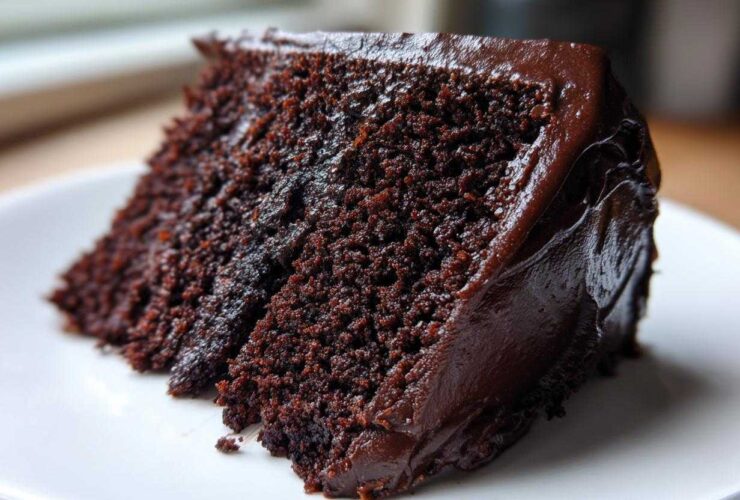 Close-up of a rich, dark slice of Gluten-Free Chocolate Cake covered in glossy chocolate frosting.