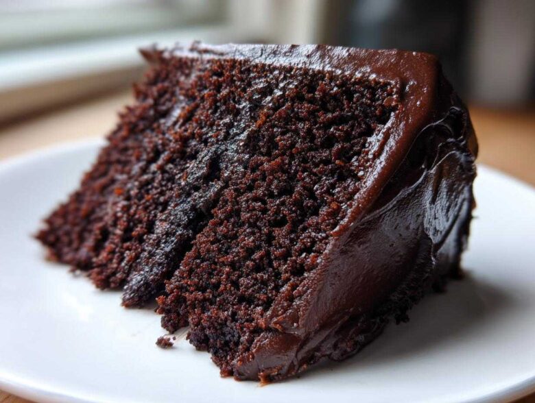 Close-up of a rich, dark slice of Gluten-Free Chocolate Cake covered in glossy chocolate frosting.