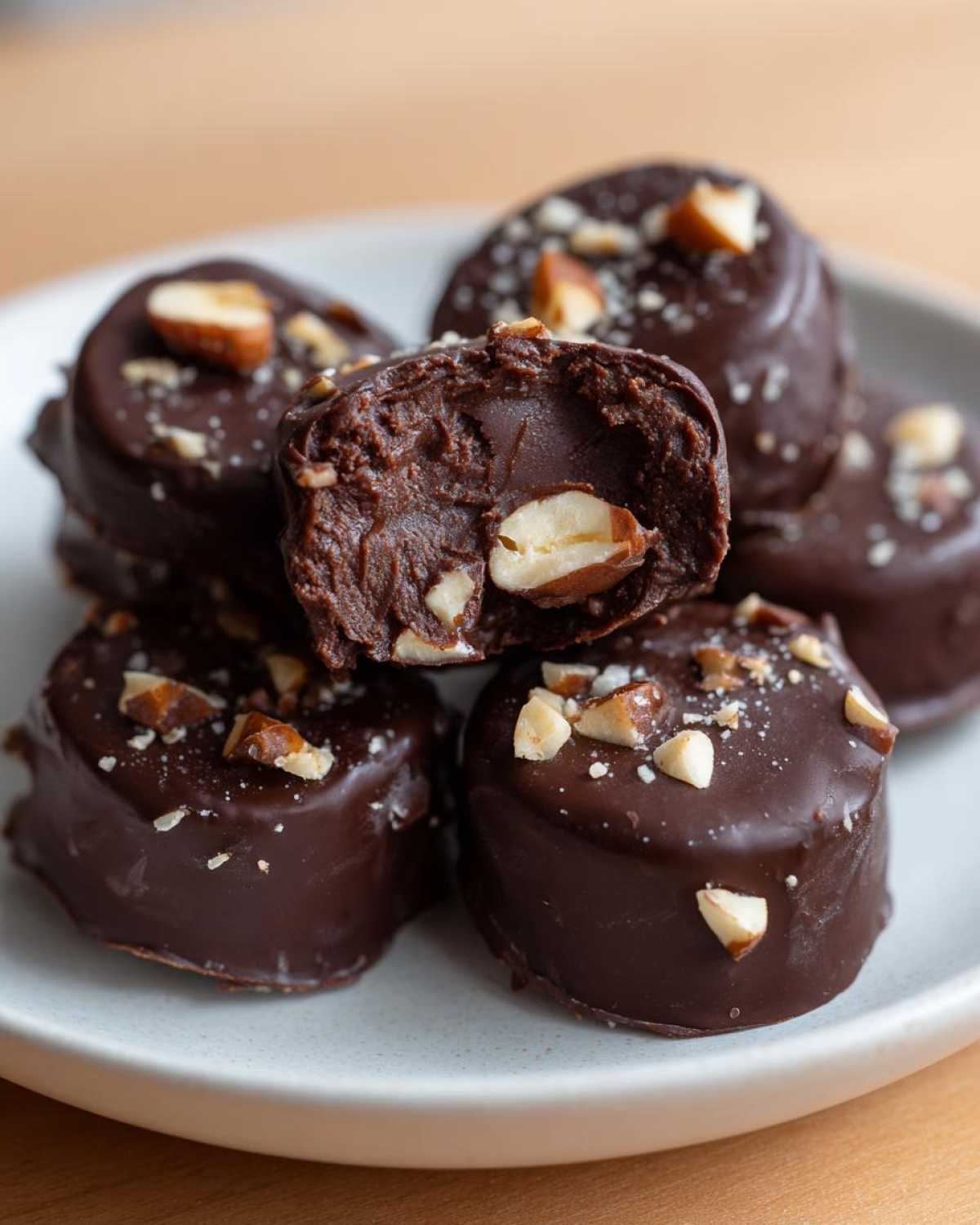 A stack of rich, dark chocolate covered banana bites, one cut open revealing a creamy center and nuts, part of the No-Bake Chocolate Covered Banana Bites recipe.