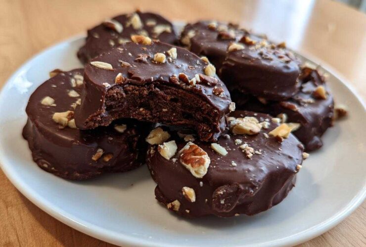 A close-up of several No-Bake Chocolate Covered Banana Bites covered in dark chocolate and sprinkled with chopped nuts.