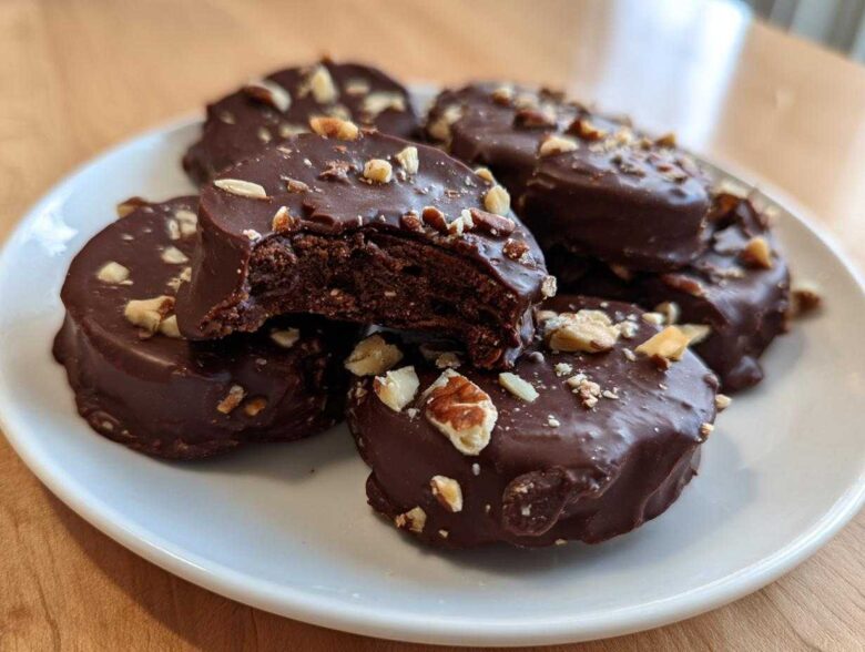 A close-up of several No-Bake Chocolate Covered Banana Bites covered in dark chocolate and sprinkled with chopped nuts.
