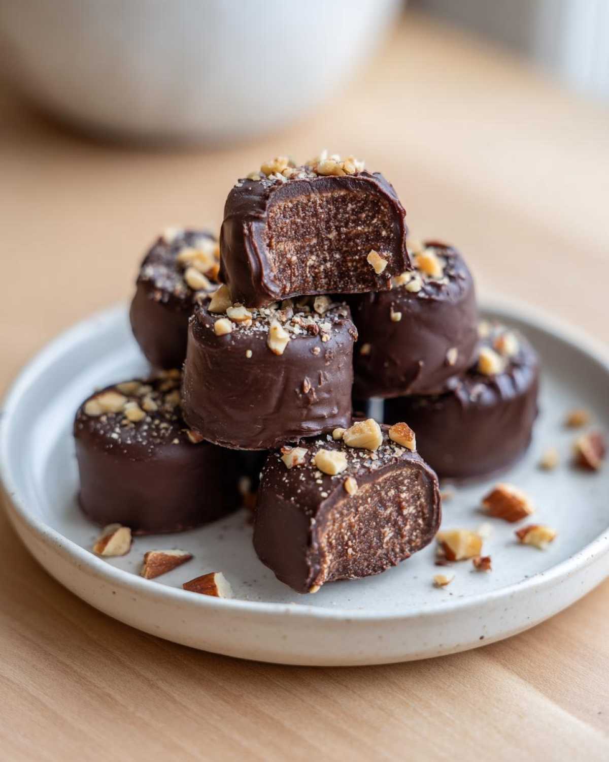 Stack of No-Bake Chocolate Covered Banana Bites dipped in dark chocolate and topped with chopped nuts.