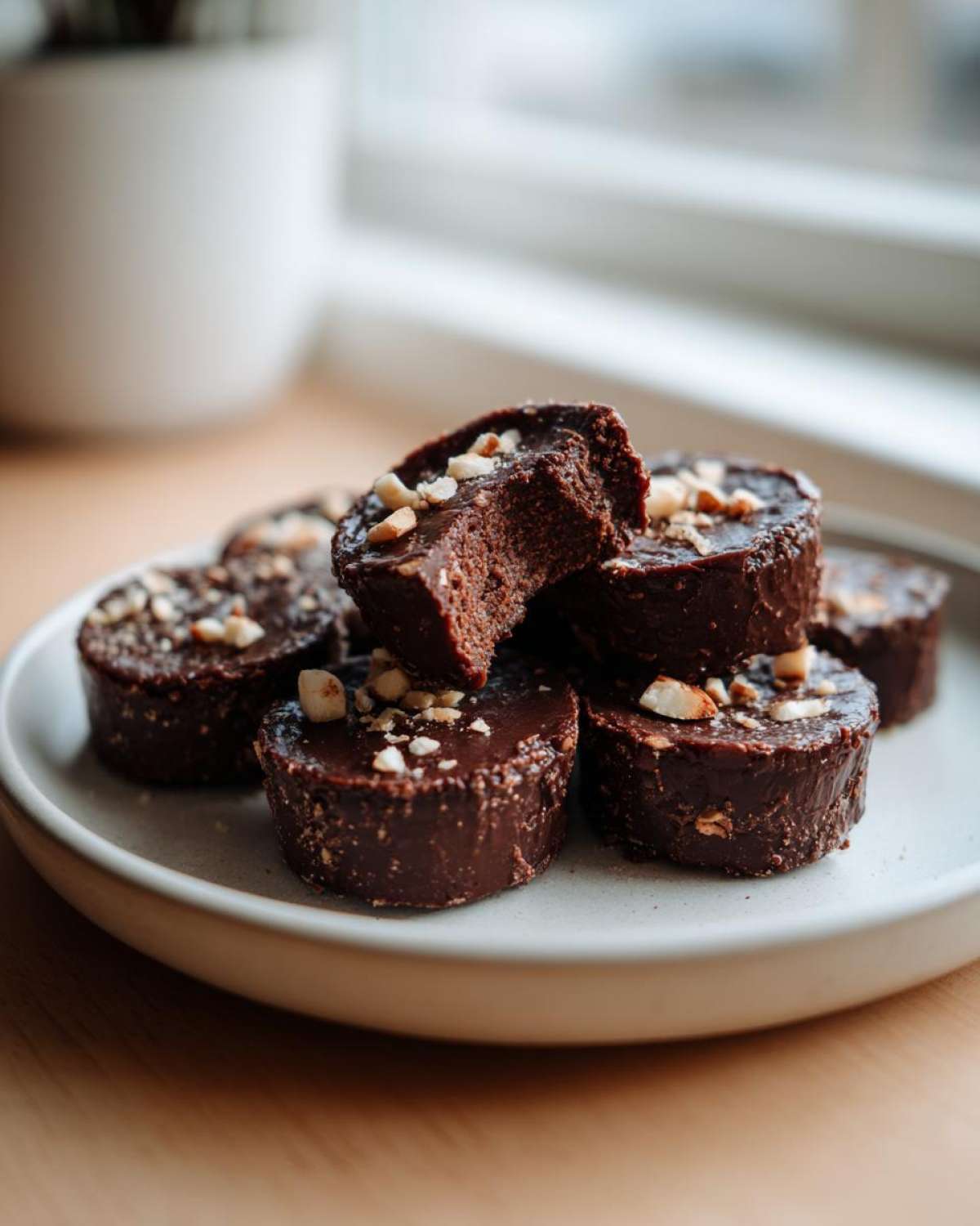 Stack of rich, dark No-Bake Chocolate Covered Banana Bites topped with chopped nuts on a light plate.