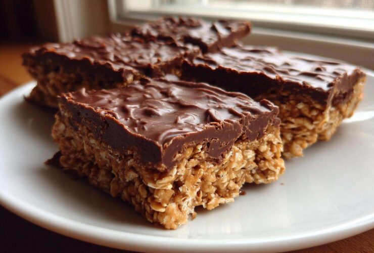 Close-up of several No-Bake Chocolate Peanut Butter Oat Bars stacked slightly on a white plate.
