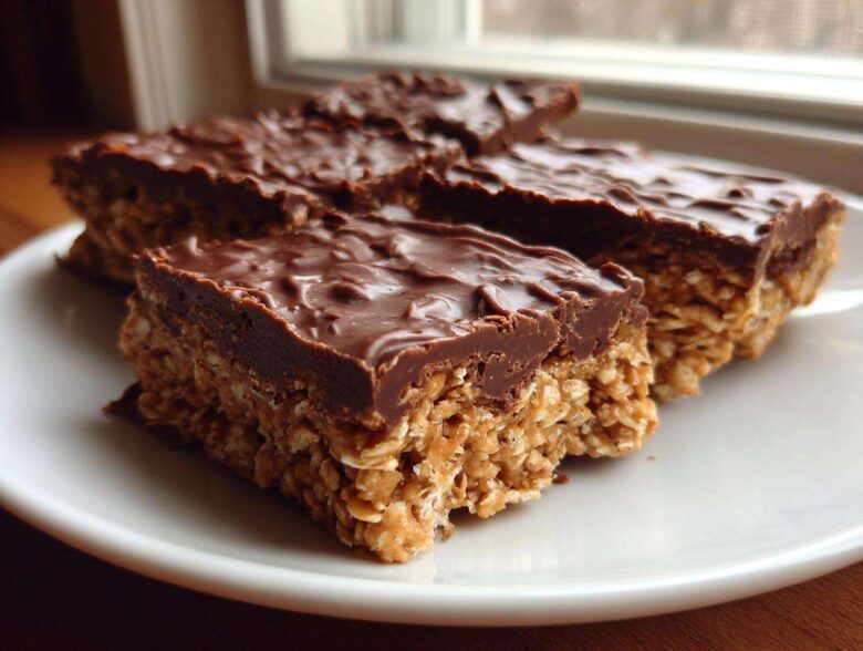 Close-up of several No-Bake Chocolate Peanut Butter Oat Bars stacked slightly on a white plate.
