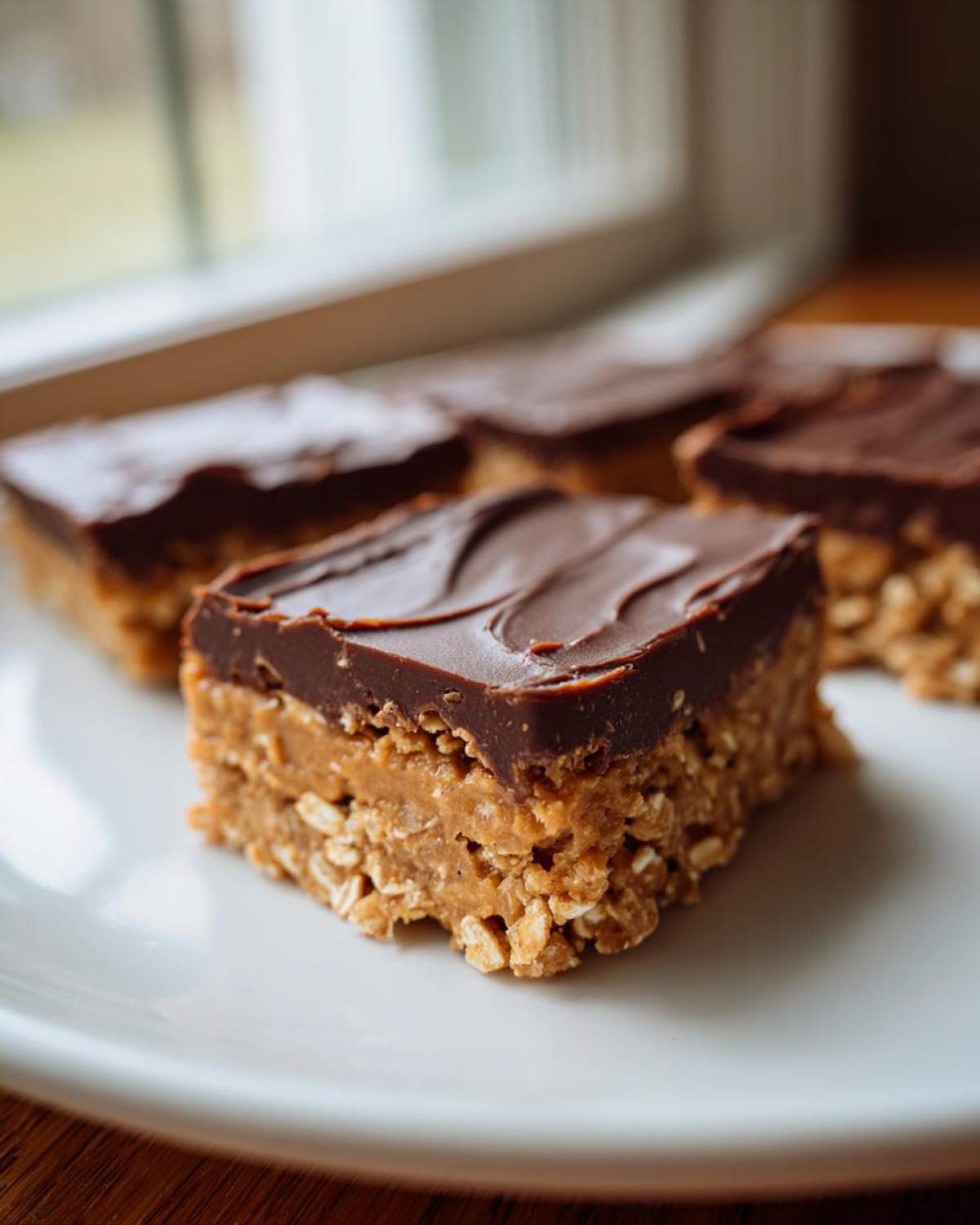 A close-up of a No-Bake Chocolate Peanut Butter Oat Bars square with a thick chocolate topping on a white plate.